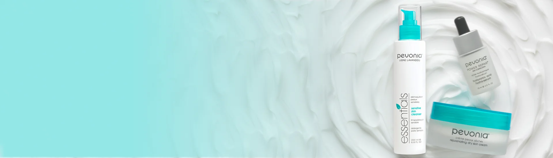 A pevonia cleanser, a pevonia serum and a pevonia moisturizer