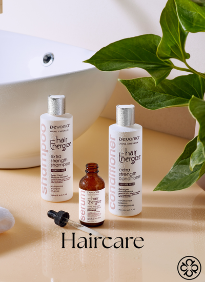 Haircare - image features Hair Energize Extra-Strength Shampoo, Hair Energize Extra-Strength Conditioner, and Hair Energize Extra-Strength Overnight Serum